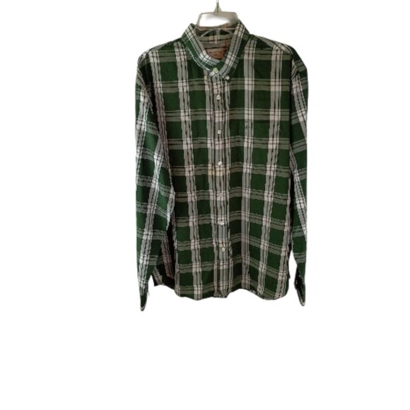 DOCKERS Men's Classic Plaid Shirt XL Green White Cotton Polyester Rustic - Picture 2 of 5